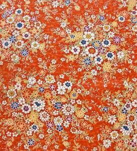 ◆琳花◆ 正絹はぎれ 濃オレンジに野の花 美品 35.5×104 古布 着物はぎれ お人形 吊るし飾り 袋物 クッション インテリア パッチワーク