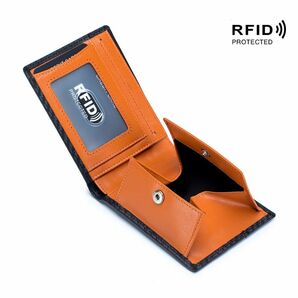 オレンジ　牛分割革　二つ折り財布　折り畳み財布　スキミング防止　RFID　メンズ