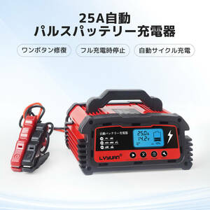 自動パルスバッテリー充電器 定格25A 12V/24V対応 維持充電方式 緊急時 全自動 スマートチャージャー バッテリー診断機能付