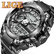 新品 LIGE スポーツデュアルウォッチ 50m防水腕時計 メンズ腕時計 ブラック ストップウォッチ _画像1