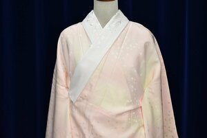 【ちどりや】美品 正絹 長襦袢 袷 袖無双 バチ衿 新品刺繍半衿付 身丈131cm/裄65cm TL寸 桜吹雪地紋 薄桜 K08