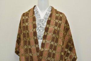 【ちどりや】美品 正絹 ショール 和服 和装洋装に♪ 市松モチーフ レース編み 茶 K64