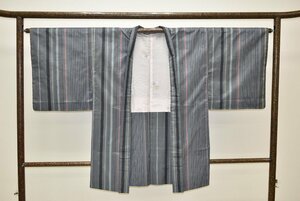 【ちどりや】未使用品 美品 正絹紬 縞大島紬 羽織 袷 身丈88cm/裄64.5cm 多彩なたて縞 矢鱈縞 鉛色 B227