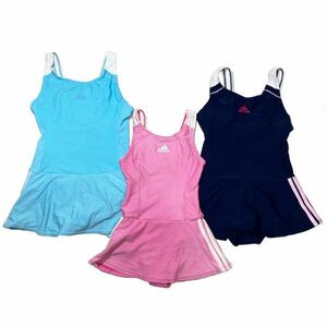 13【整理品リサイクル】アディダスadidas女子競泳水着3枚セット(130～150)★光沢パステル水色・光沢ピンク・光沢濃紺ネイビー