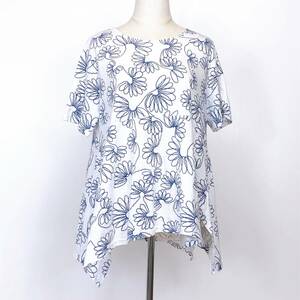 X036 LAPRIMO レディース トップス Tシャツ 半袖 丸首 ＭからL ホワイト 白 総柄 綿 涼しげ おしゃれ 夏 シンプルデイリーカジュアル 