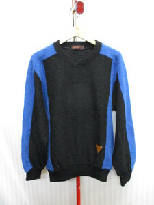 イヴサンローラン　90sヴィンテージ　ウールセーター　メンズL　黒青　ウールニットセーター　ウールジャケット　ニットセーター　12013