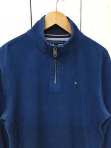 TOMMY HILFIGER トミーヒルフィガー ハーフジップ コットンニット セーター胸ロゴ メンズM 青系 良品綺麗 