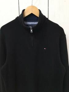 TOMMY HILFIGER トミーヒルフィガー 美品 ハーフジップ コットンニット セーター 胸ロゴ メンズM 黒 良品綺麗 