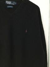POLO Ralph Lauren ポロ ラルフローレン ウールニット セーター Vネック ニット 胸ロゴ メンズL 黒 良品綺麗_画像4