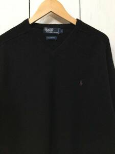 POLO Ralph Lauren ポロ ラルフローレン ウールニット セーター Vネック ニット 胸ロゴ メンズL 黒 良品綺麗