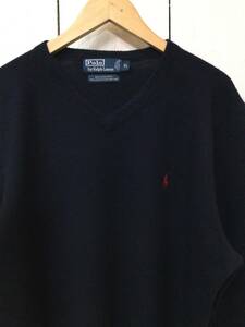 POLO Ralph Lauren ポロ ラルフローレンウールニット セーター Vネック ニット胸ロゴ メンズXL 濃い紺 良品 