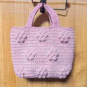 【セール】ぽこぽこ　お花模様　ニットバック　トートバッグ　 手編み　毛糸バッグ　モチーフ編み物　バッグ