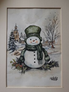 Art hand Auction 水彩画 散歩する雪だるま, 絵画, 水彩, 自然, 風景画