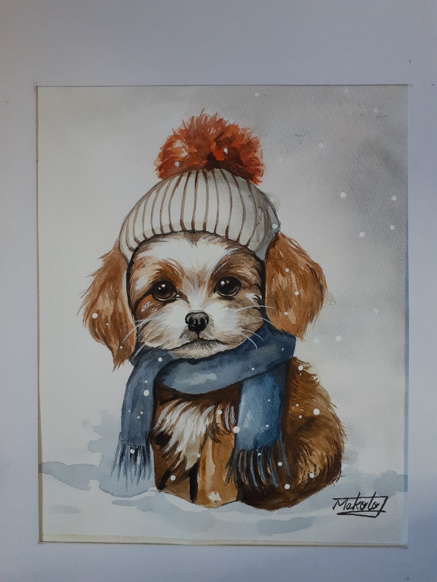 Aquarellmalerei: Niedlicher Welpe auf Schnee, Malerei, Aquarell, Tierbilder