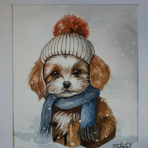 水彩画　雪上の可愛い仔犬