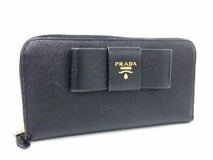 1円 PRADA プラダ サフィアーノレザー リボン ラウンドファスナー 長財布 ウォレット 札入れ 小銭入れ ブラック系 AU3958