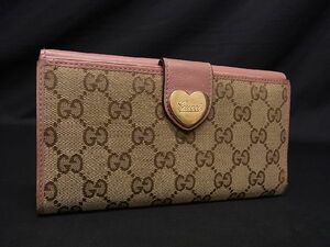 1円 GUCCI グッチ 203550 2091 GG柄 GGキャンバス×レザー ハート 二つ折り 長財布 ウォレット レディース ブラウン系×ピンク系 AV3299