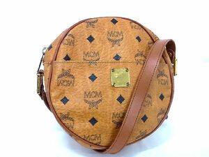 1円 ■美品■ MCM エムシーエム ヴィセトス柄 レザー 丸形 ショルダーバッグ ポシェット 斜め掛け レディース メンズ ブラウン系 AU3464