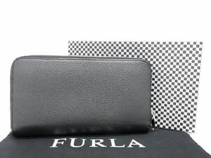 1円 ■美品■ FURLA フルラ ラウンドファスナー 長財布 ウォレット 小銭入れ 札入れ カード入れ レディース メンズ ブラック系 AV3257