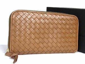 1円 ■美品■ BOTTEGA VENETA ボッテガヴェネタ イントレチャート レザー ラウンドファスナー 長財布 ウォレット ブラウン系 AU4997