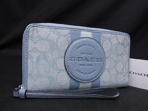 1円 ■極美品■ COACH コーチ C9073 シグネチャー キャンバス ラウンドファスナー 長財布 ウォレット レディース ブルー系 AU4052