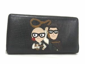 1円 ■美品■ DOLCE＆GABBANA ドルチェ&ガッバーナ レザーラウンドファスナー 長財布 ウォレット 小銭入れ 札入れ ブラック系 AU4583