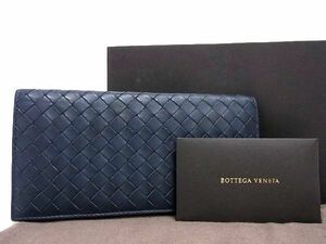 1円 ■美品■ BOTTEGA VENETA ボッテガヴェネタ イントレチャート レザー 二つ折り 長財布 ウォレット 札入れ ネイビー系 BG5782