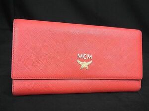 1円 MCM エムシーエム レザー 三つ折り 長財布 ウォレット 札入れ 小銭入れ カード入れ レディース レッド系 AU4830