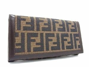 1円 FENDI フェンディ ズッカ柄 ナイロンキャンバス×レザー 二つ折り 長財布 ウォレット レディース ブラウン系 AU4437