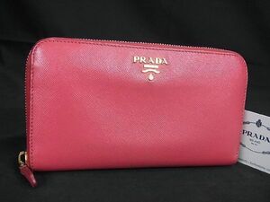 1円 ■美品■ PRADA プラダ 1M0506 サフィアーノレザー ラウンドファスナー 長財布 ウォレット 札入れ レディース ピンク系 AU4776