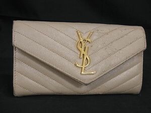 1円 YVESSAINTLAURENT イヴサンローラン レザー Vステッチ 二つ折り 長財布 ウォレット レディース ベージュ系 BE7814