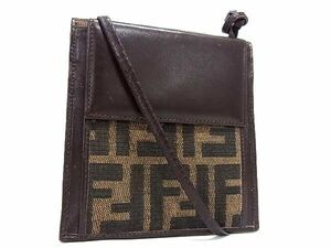 1円 ■美品■ FENDI フェンディ 07 16346 001 ズッカ柄 キャンバス×レザー ショルダーウォレット カード入れ 財布 ブラウン系 AU3993