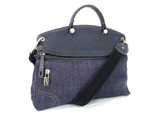 1円 ■美品■ FURLA フルラ パイパー デニム×レザー クロスボディ 2WAY ハンドバッグ ショルダー 斜め掛け メンズ ネイビー系 AT3279