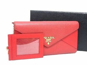 1円 ■美品■ PRADA プラダ サフィアーノレザー 二つ折り 長財布 ウォレット 札入れ 小銭入れ カード入れ レディース レッド系 AU4915