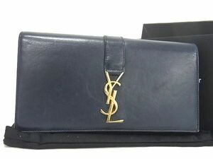 1円 ■美品■ YVESSAINTLAURENT イヴサンローラン レザー 二つ折り 長財布 ウォレット 札入れ 小銭入れ カード入れ ネイビー系 AU4851