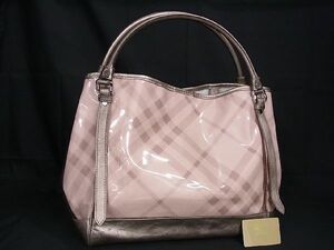 1円 BURBERRY バーバリー ビニール×レザー ハンドバッグ トート レディース ピンクベージュ系×ピンクゴールド系 BE8064