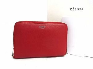 1円 ■極美品■ CELINE セリーヌ ミディアムジップ レザー ラウンドファスナー 財布 ウォレット 小銭入れ 札入れ レッド系 BE8407