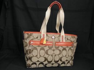 1円 ■美品■ COACH コーチ F14871 シグネチャー キャンバス×レザー トート ショルダーバッグ 肩掛け ベージュ系×オレンジ系 CC0766