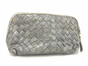 1円 BOTTEGA VENETA ボッテガヴェネタ イントレチャート レザー マルチケース 化粧ポーチ 小物入れ シルバー系 AU3973