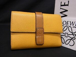 1円 ■美品■ LOEWE ロエベ アナグラム レザー 三つ折り 財布 ウォレット 小銭入れ 札入れ レディース イエロー系 BE8413