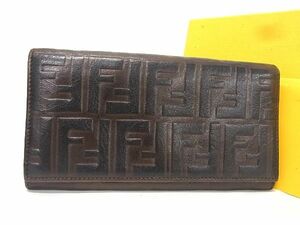 1円 ■美品■ FENDI フェンディ ズッカ柄 レザー 二つ折り 長財布 ウォレット 小銭入れ 札入れ レディース メンズ ブラウン系 AU4928