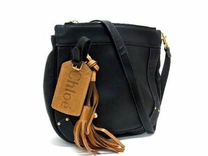 1円 ■美品■ Chloe クロエ エデン レザー タッセル クロスボディ ショルダーバッグ 斜め掛けかばん レディース ブラック系 CC0759