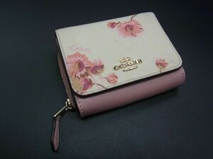 ■美品■ COACH コーチ レザー 花柄 フラワー 三つ折り 財布 ウォレット 札入れ 小銭入れ ホワイト系×ピンク系 DD8708