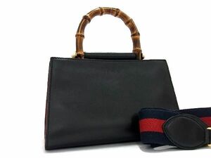 ■美品■ GUCCI グッチ 470271 ニムフェア バンブー レザー 2WAY ハンドバッグ ショルダーバッグ レディース ブラック系 AT3594