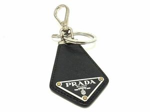 1円 PRADA プラダ サフィアーノレザー キーホルダー キーリング チャーム メンズ レディース ブラック系×シルバー系 AU4811