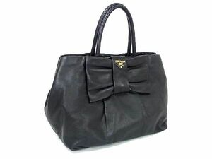 1円 ■美品■ PRADA プラダ レザー リボン ハンドバッグ トートバッグ レディース ブラック系 AV4162