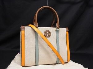 ■新品■未使用■ TORY BURCH トリーバーチ キャンバス×レザー 2WAY ハンドバッグ ショルダー レディース ベージュ系×イエロー系 AT3102