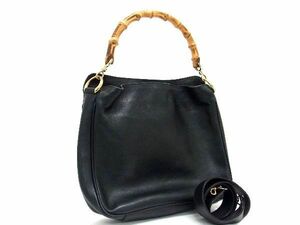 1円 ■美品■ GUCCI グッチ 001 1638 002113 バンブー レザー 2WAY ワンハンドル ハンドバッグ ショルダー レディース ブラック系 CB1532