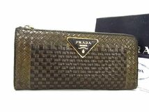 1円 PRADA プラダ 1M1183 レザー L字ファスナー 長財布 ウォレット 札入れ 小銭入れ レディース メンズ ブラウン系×カーキ系 BH0226_画像1