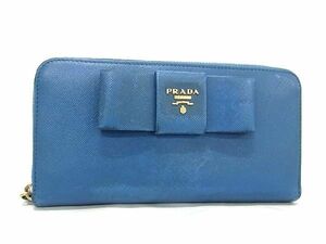 1円 PRADA プラダ サフィアーノレザー ラウンドファスナー リボン 長財布 ウォレット 小銭入れ 札入れ レディース ブルー系 AW0165